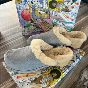 UGG Kaylee suede Blue Clogs wooden sheet Fur Shearling  US 8